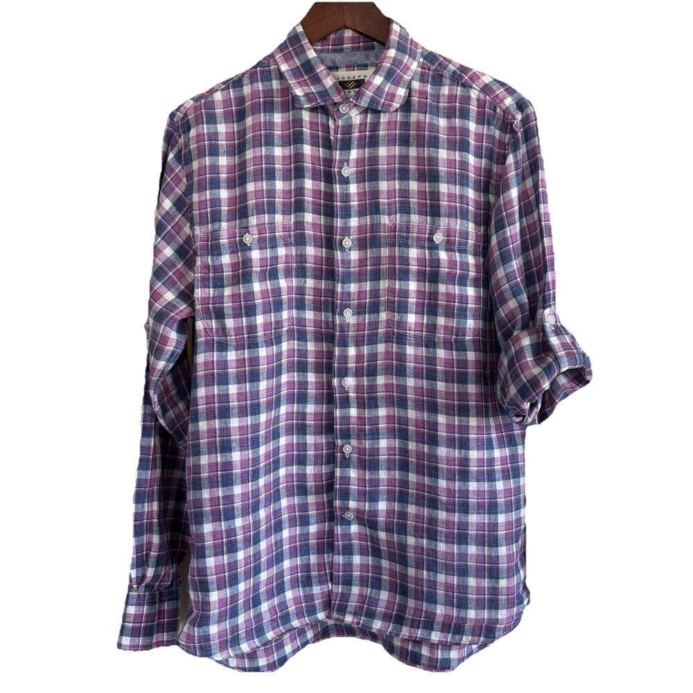 Joseph Abboud Button Up Shirt Long Roll Tab Sleeves Linen Plaid Flip Cuff Sz M